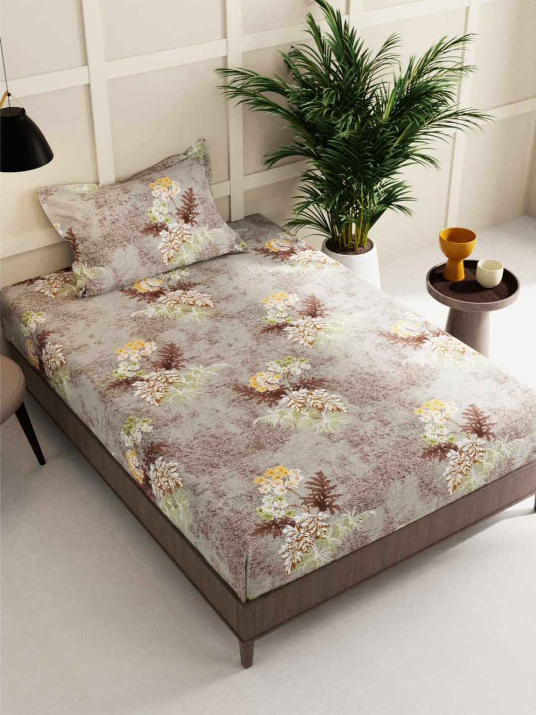 

BIANCA Floral 150 TC Single Bedsheet with 2 Pillow Covers, Khaki