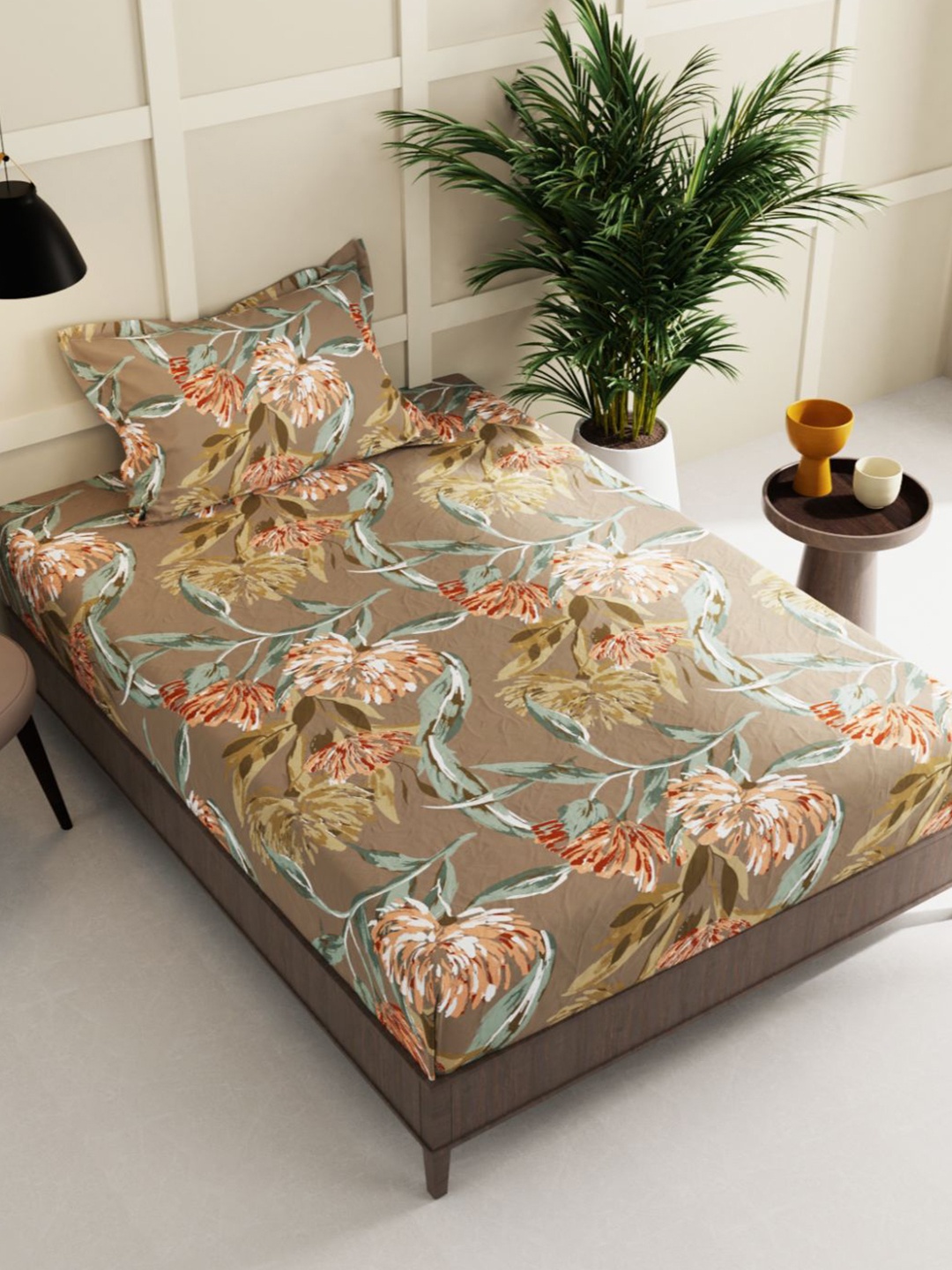 

BIANCA Floral 150 TC Single Bedsheet with 2 Pillow Covers, Beige