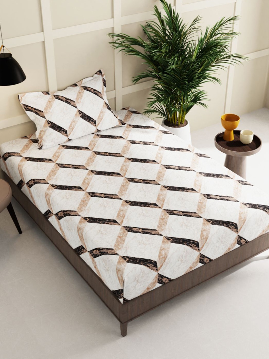 

BIANCA Geometric 150 TC Single Bedsheet with 2 Pillow Covers, White