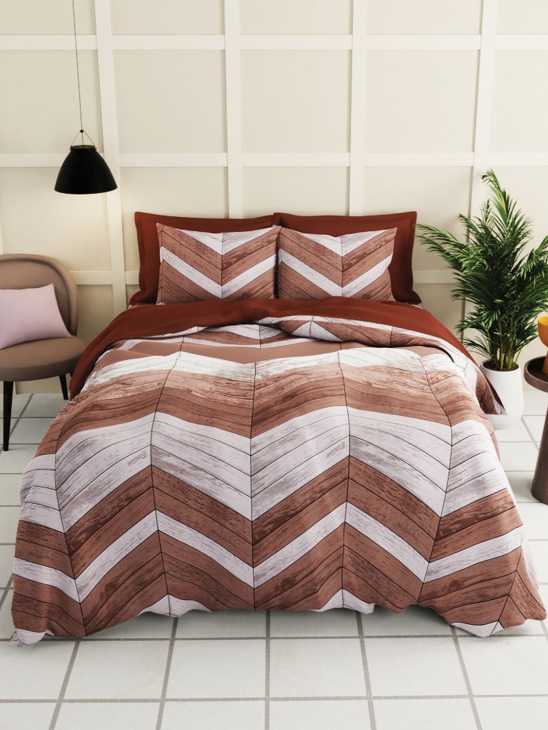 

BIANCA Geometric 150 TC Single Bedsheet with 2 Pillow Covers, Brown