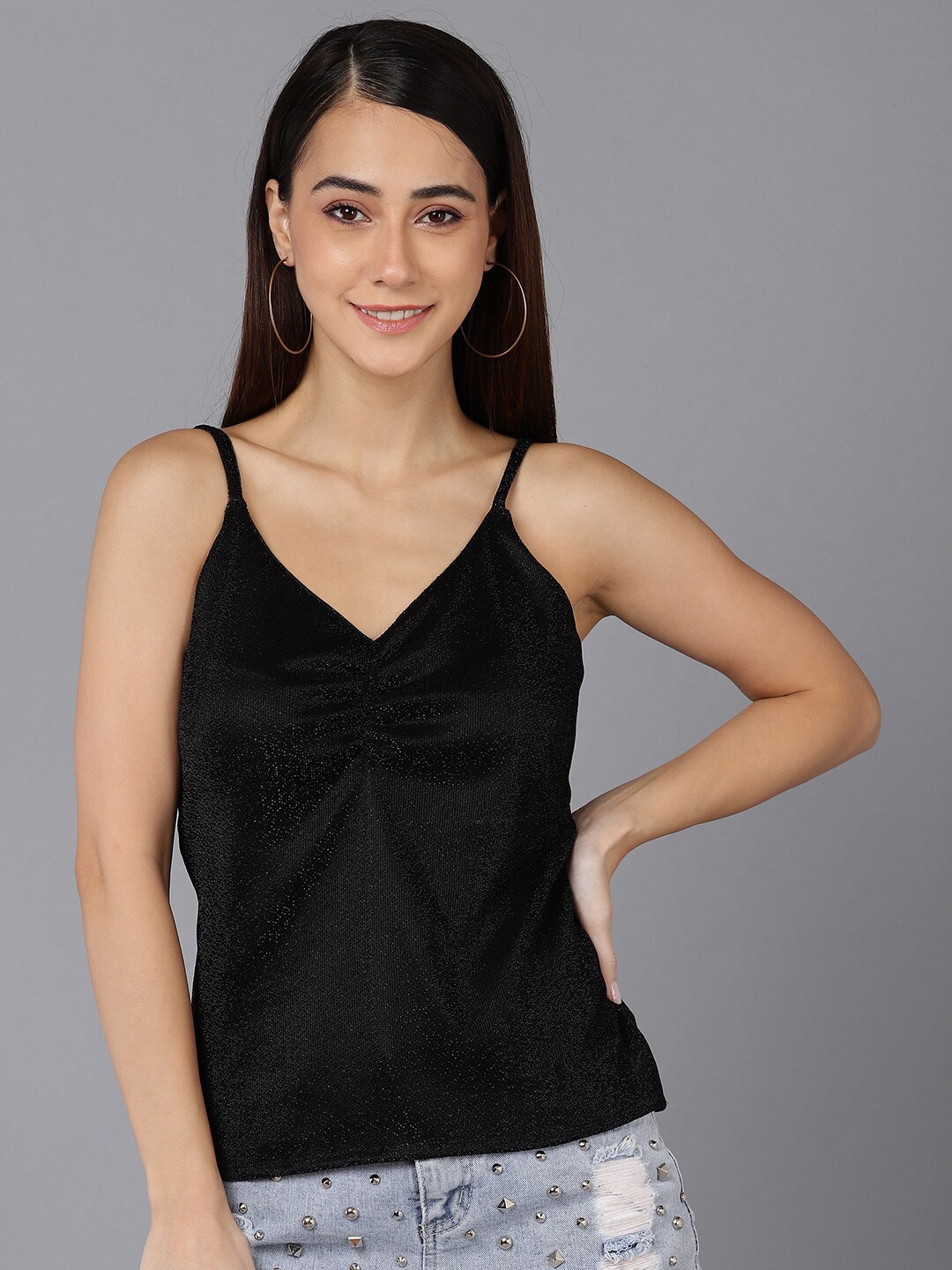 

DressBerry Women Black Shimmer Shoulder Strap V Neck Spaghetti Top