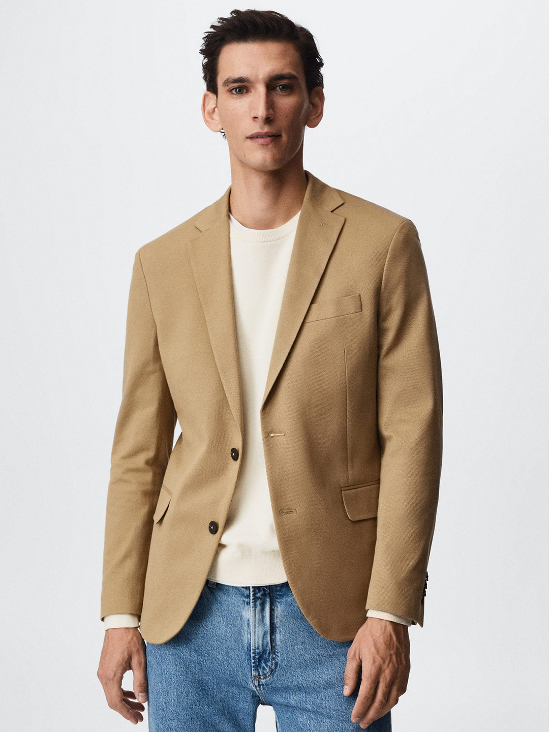 

MANGO MAN Beige Pure Cotton Solid Single-Breasted Sustainable Blazer