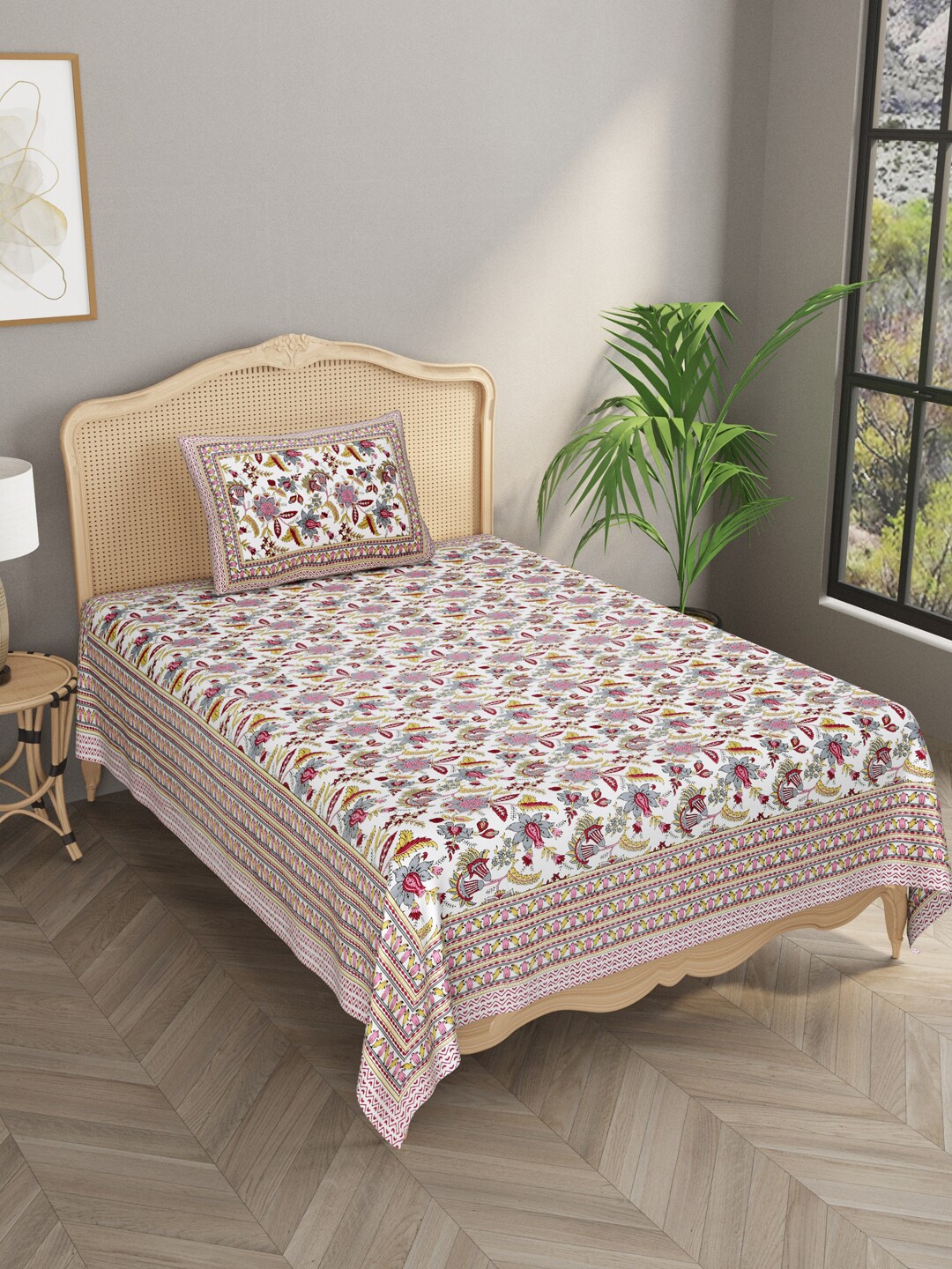 

Gulaab Jaipur Floral 210 TC Single Cotton Bedsheet with 1 Pillow Cover, Pink