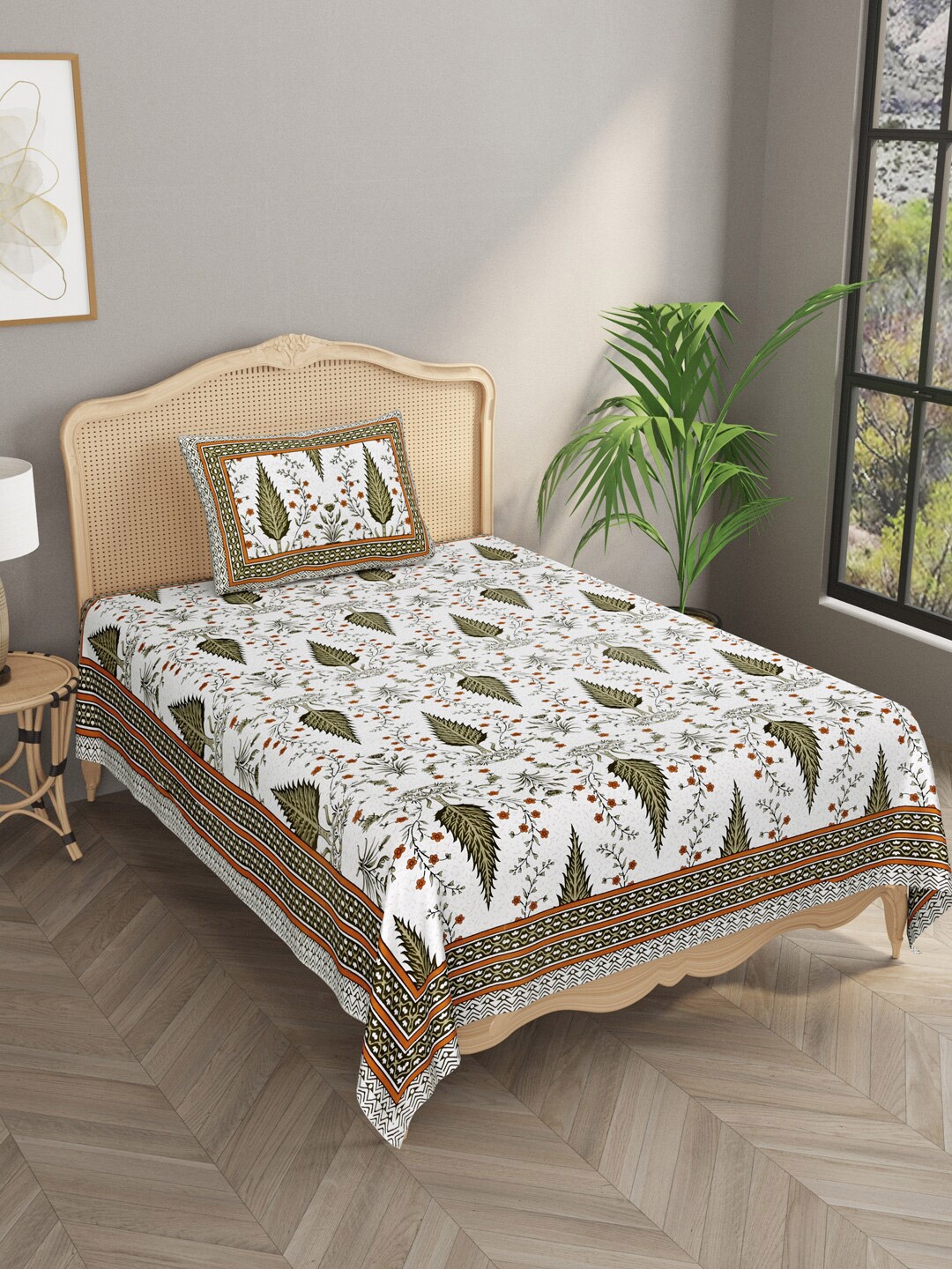 

Gulaab Jaipur Floral 210 TC Single Cotton Bedsheet with 1 Pillow Cover, Brown