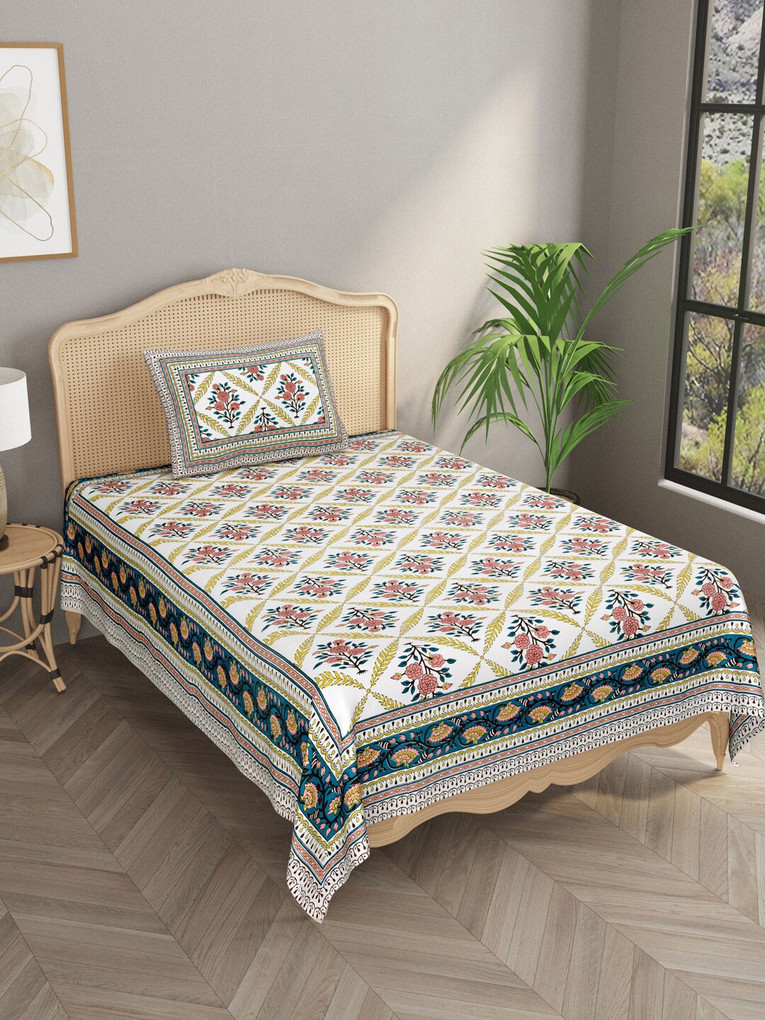 

Gulaab Jaipur Floral 210 TC Single Cotton Bedsheet with 1 Pillow Cover, White
