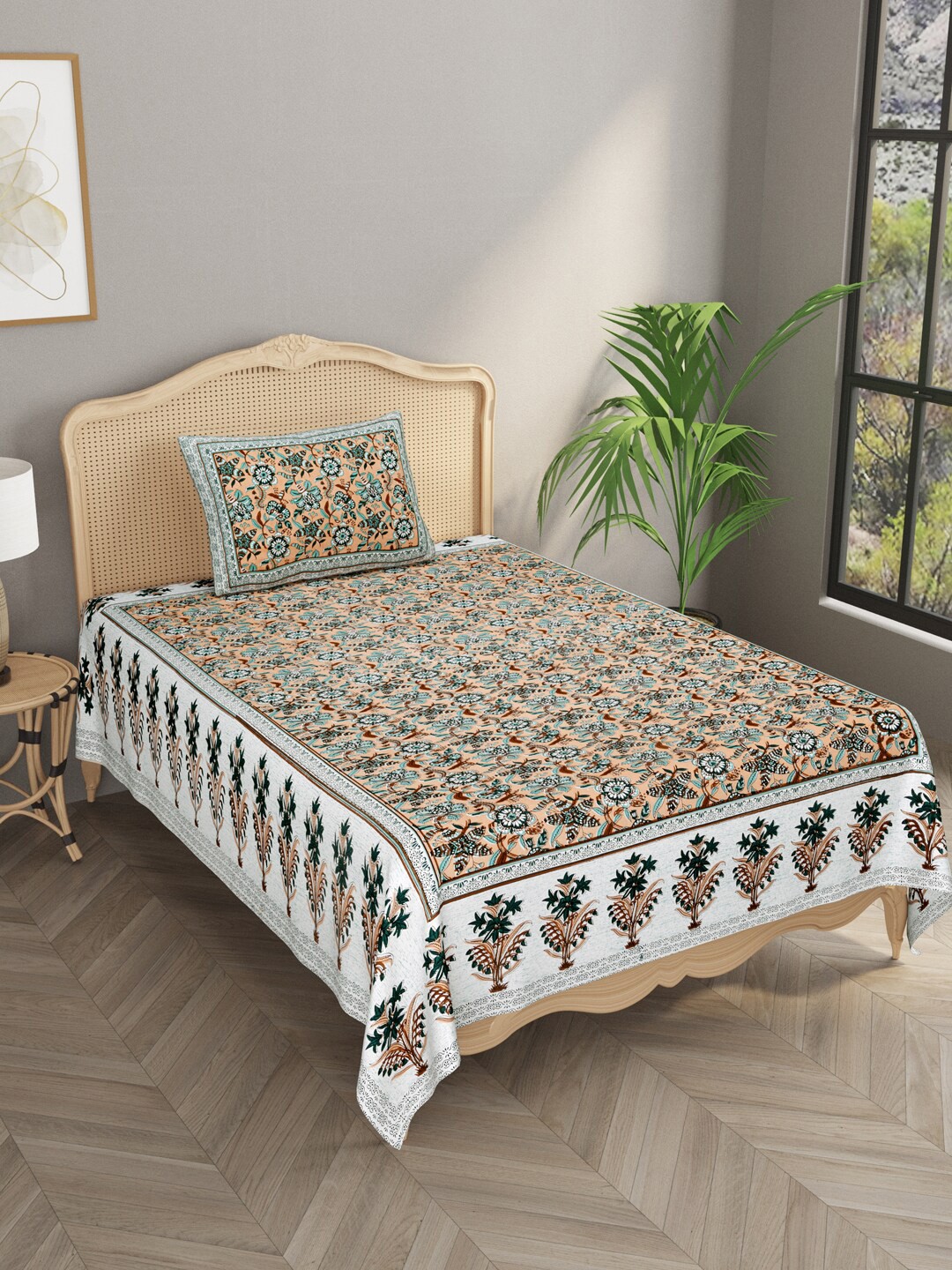 

Gulaab Jaipur Floral 210 TC Single Cotton Bedsheet with 1 Pillow Cover, Brown