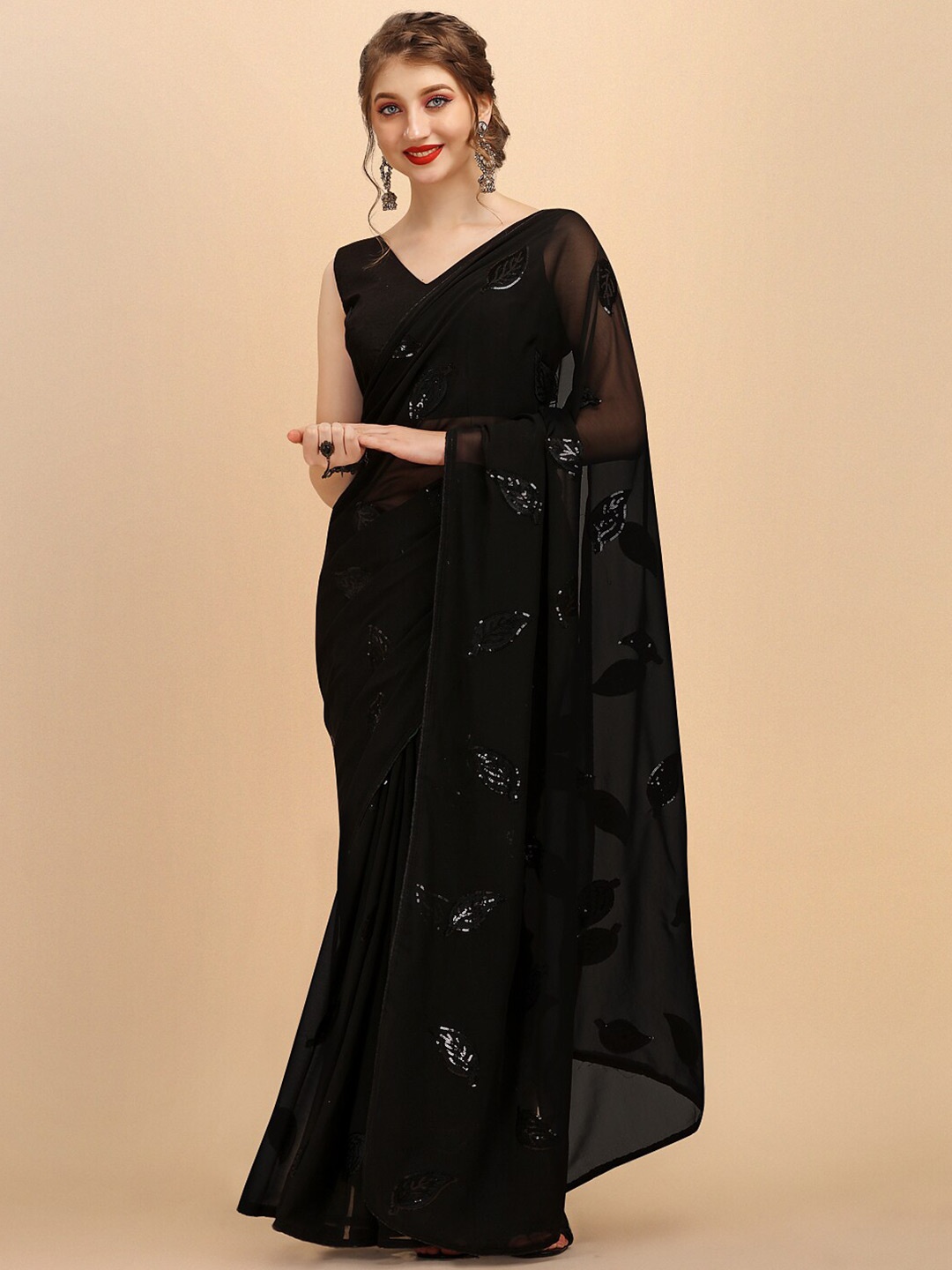 

Sangria Black Embellished Sequinned Pure Georgette Saree