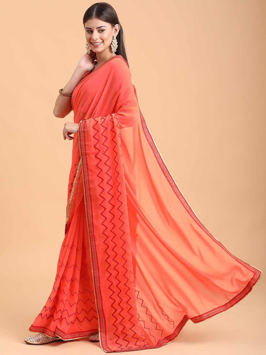 

Sangria Orange & Gold-Toned Zari Pure Georgette Saree