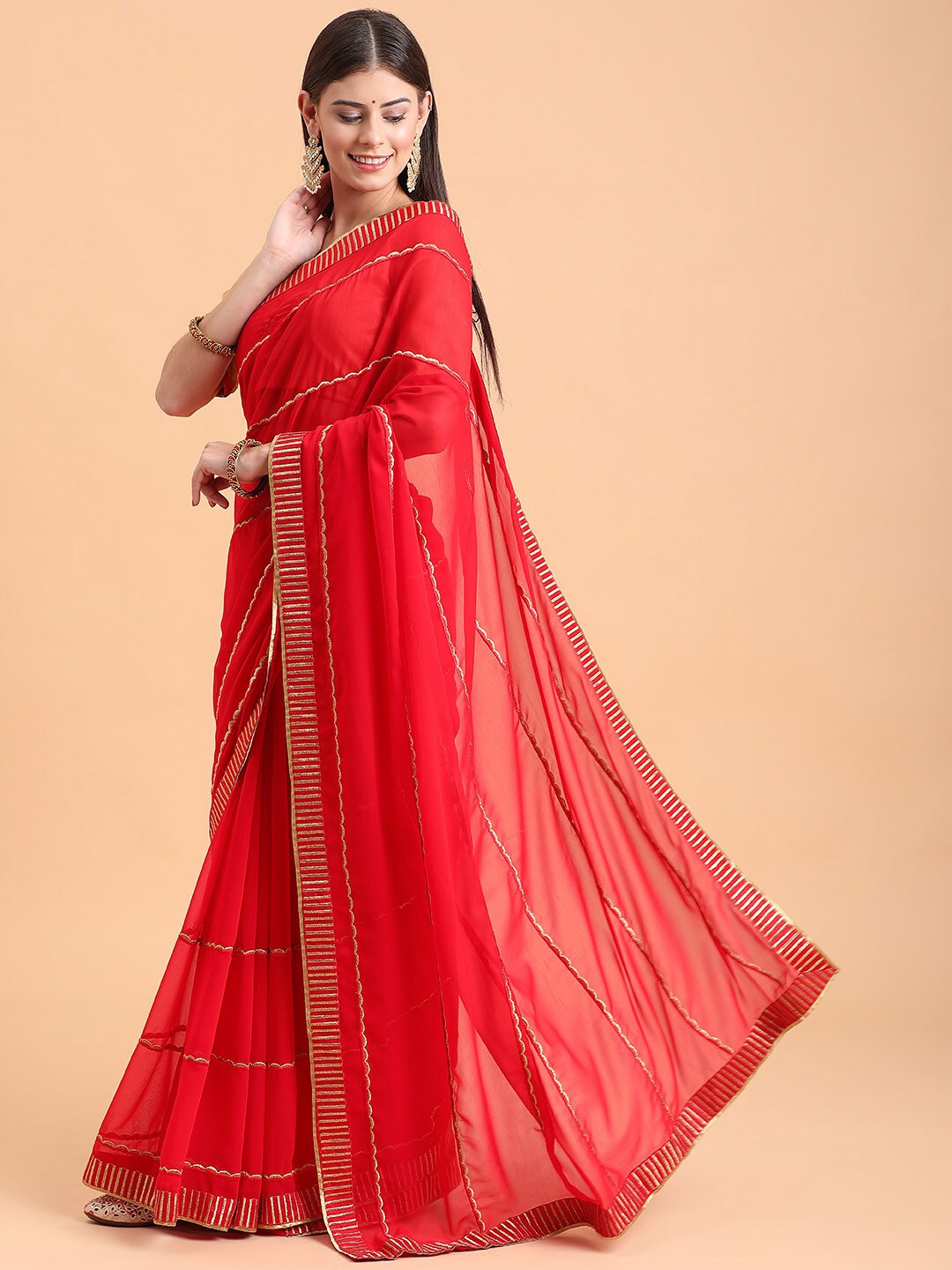 

Sangria Red & Gold-Toned Striped Embroidered Pure Georgette Saree