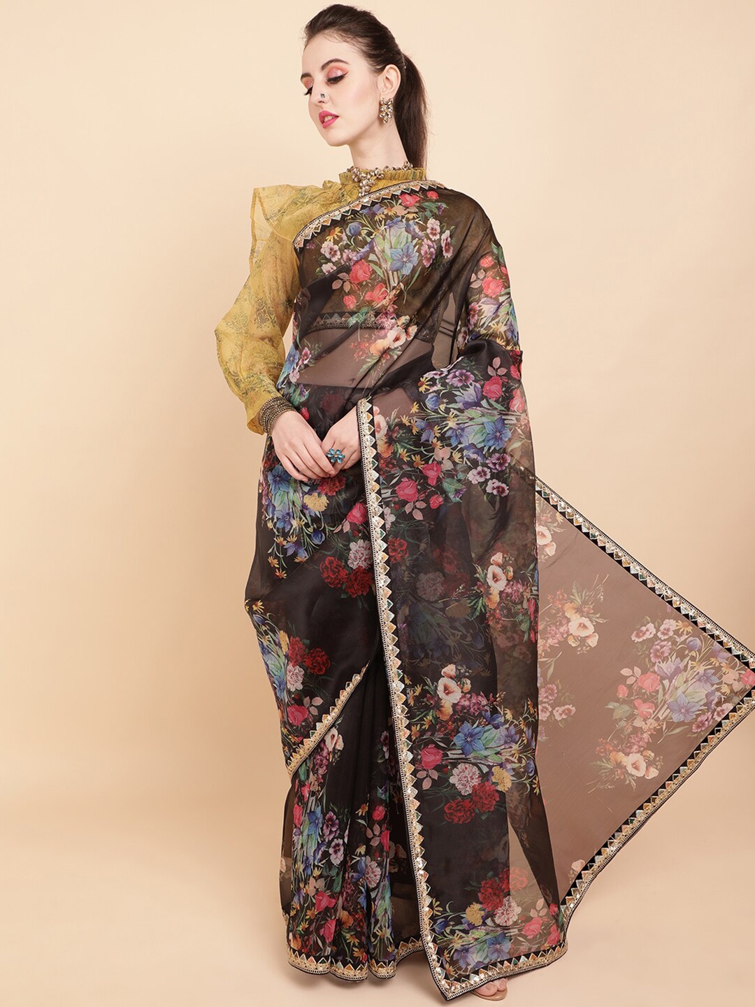 

Sangria Black & Red Floral Organza Saree