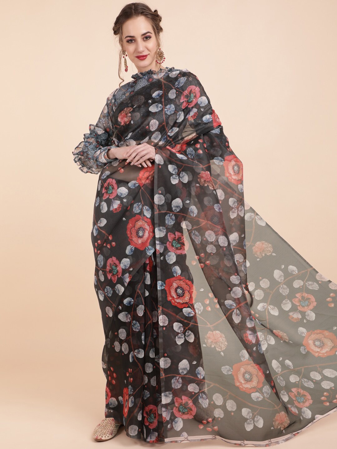 

Sangria Black & Red Floral Organza Saree