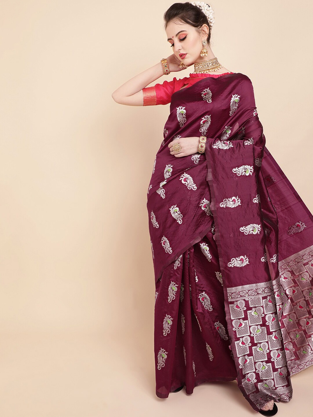 

Sangria Burgundy And Gold Toned Ethnic Motifs Zari Woven Design Banarasi Saree