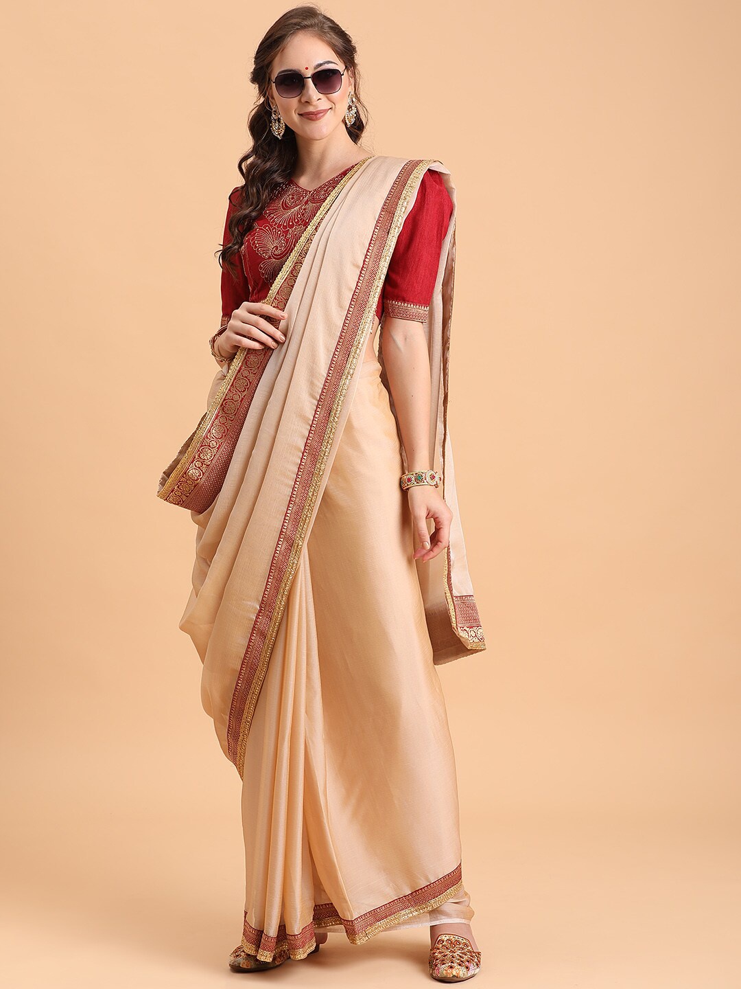 

Sangria Beige And Red Zari Woven Design Border Solid Saree