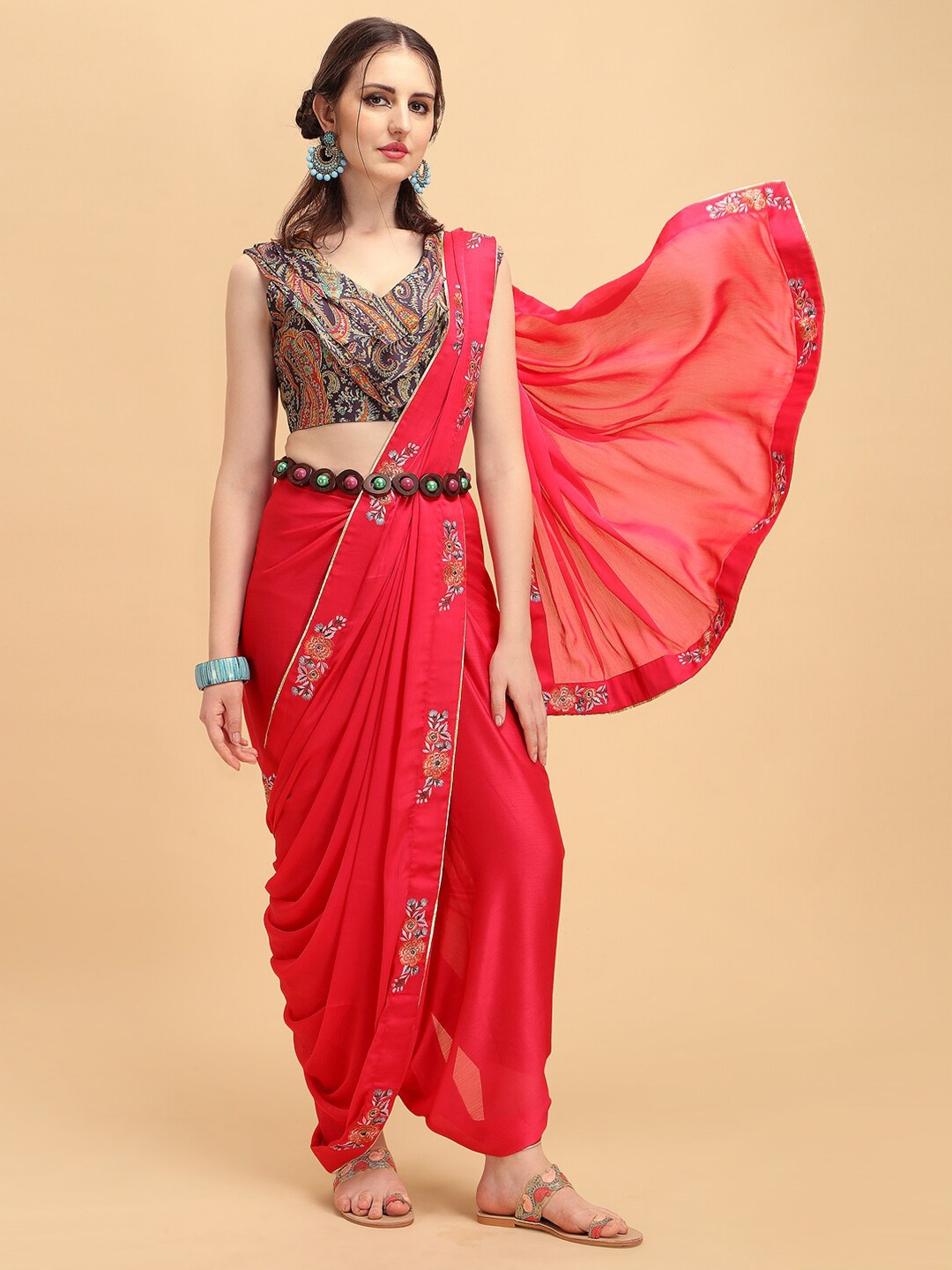 

Sangria Red & Pink Floral Embroidered Pure Georgette Saree