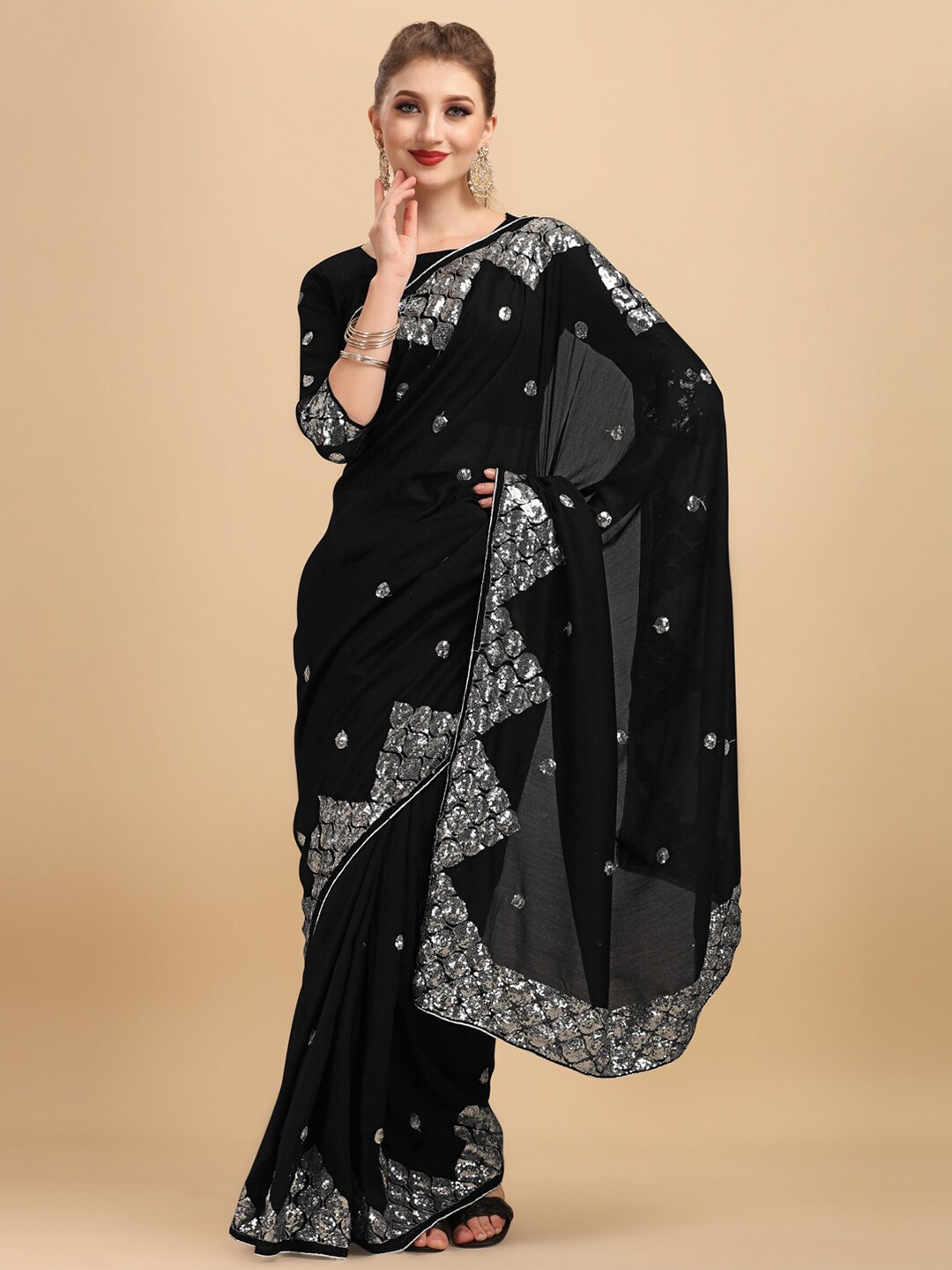 

Sangria Women Black Embroidered Sarees