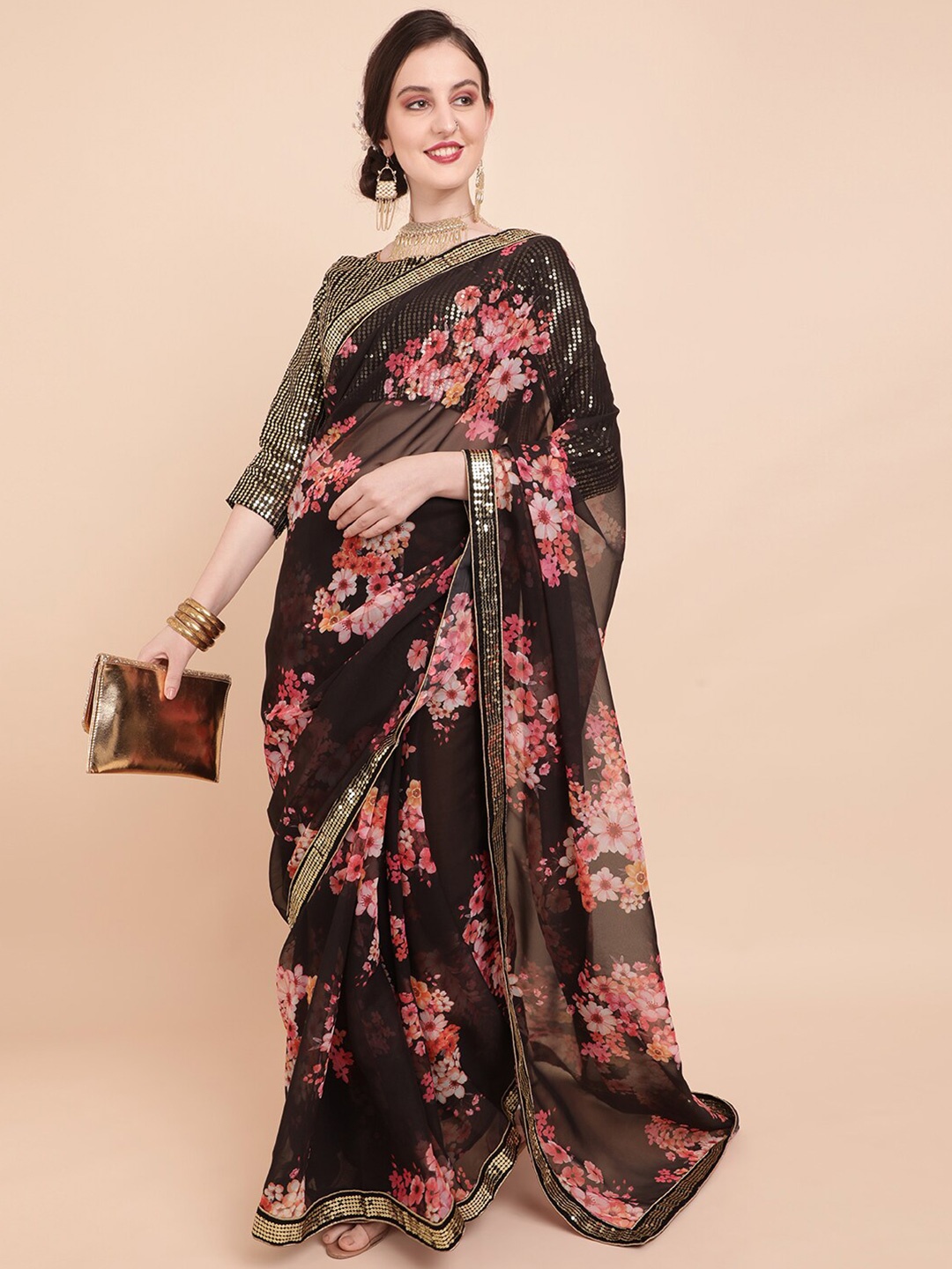 

Sangria Black & Pink Floral Printed Sequinned Pure Georgette Saree