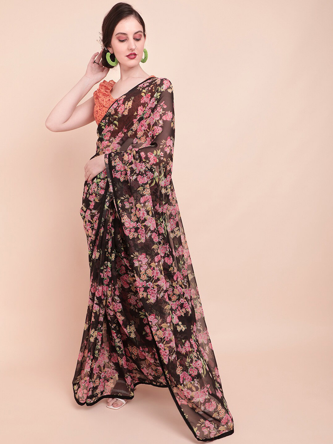 

Sangria Black & Pink Floral Printed Pure Georgette Saree
