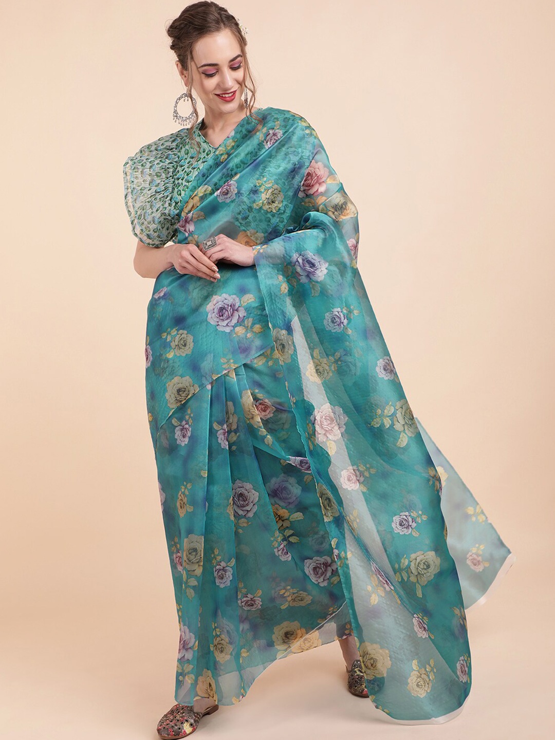 

Sangria Olive Green & Lavender Floral Printed Organza Saree