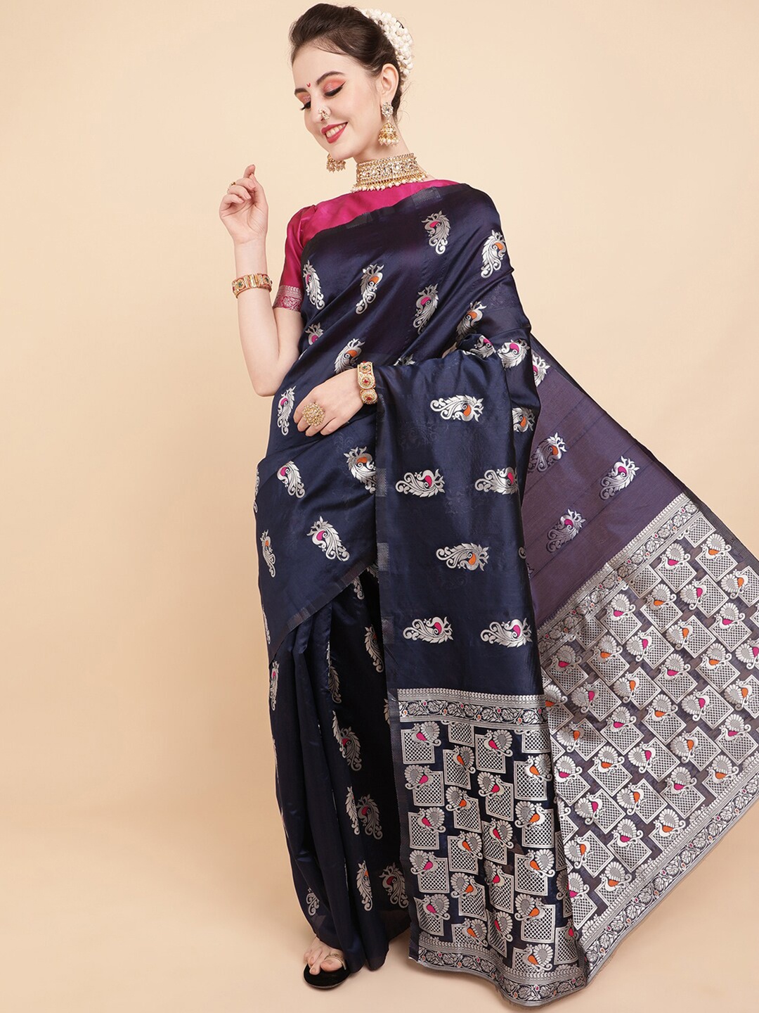 

Sangria Blue & Pink Woven Design Zari Silk Blend Saree