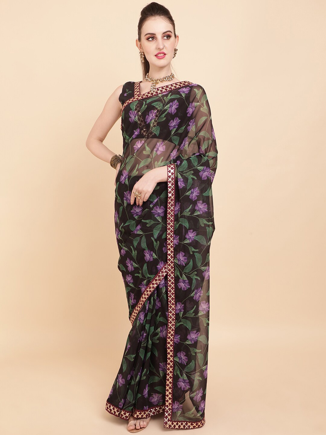 

Sangria Black & Green Floral Printed Pure Georgette Saree