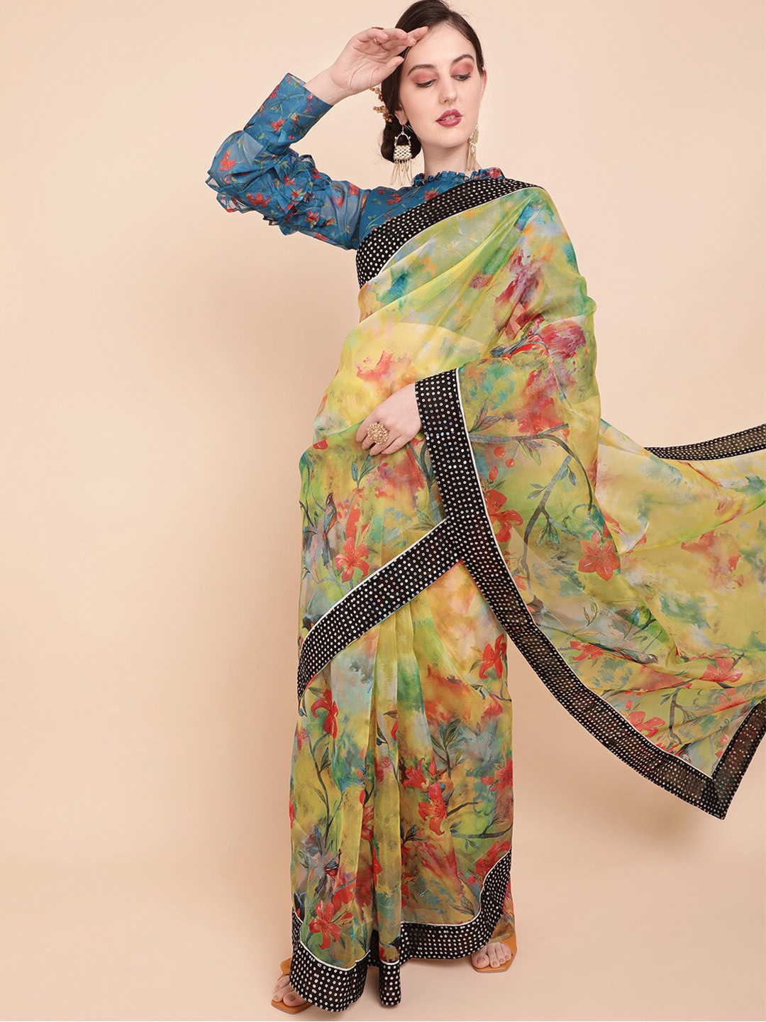 

Sangria Yellow & Black Floral Embroidered Organza Saree