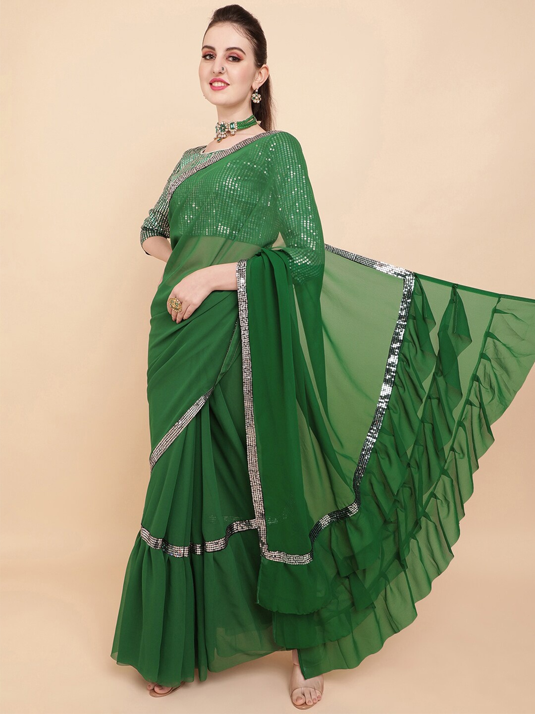 

Sangria Olive Green & Black Sequinned Pure Georgette Ruffle Saree