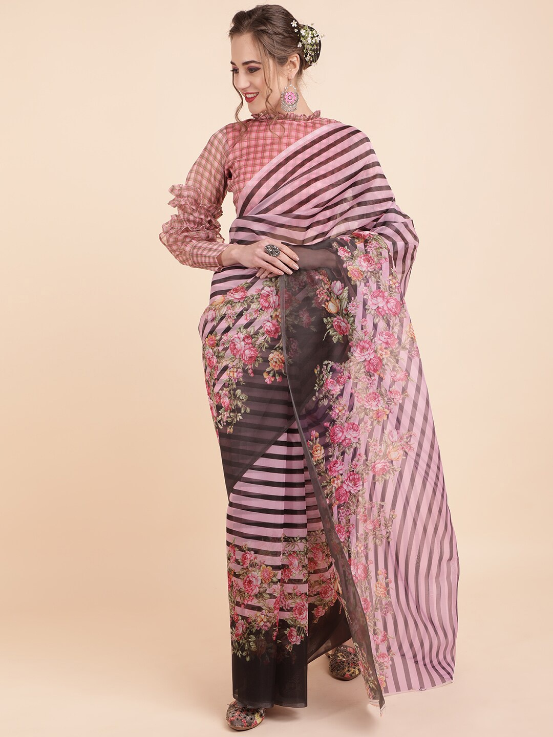 

Sangria Pink & Black Striped Organza Saree