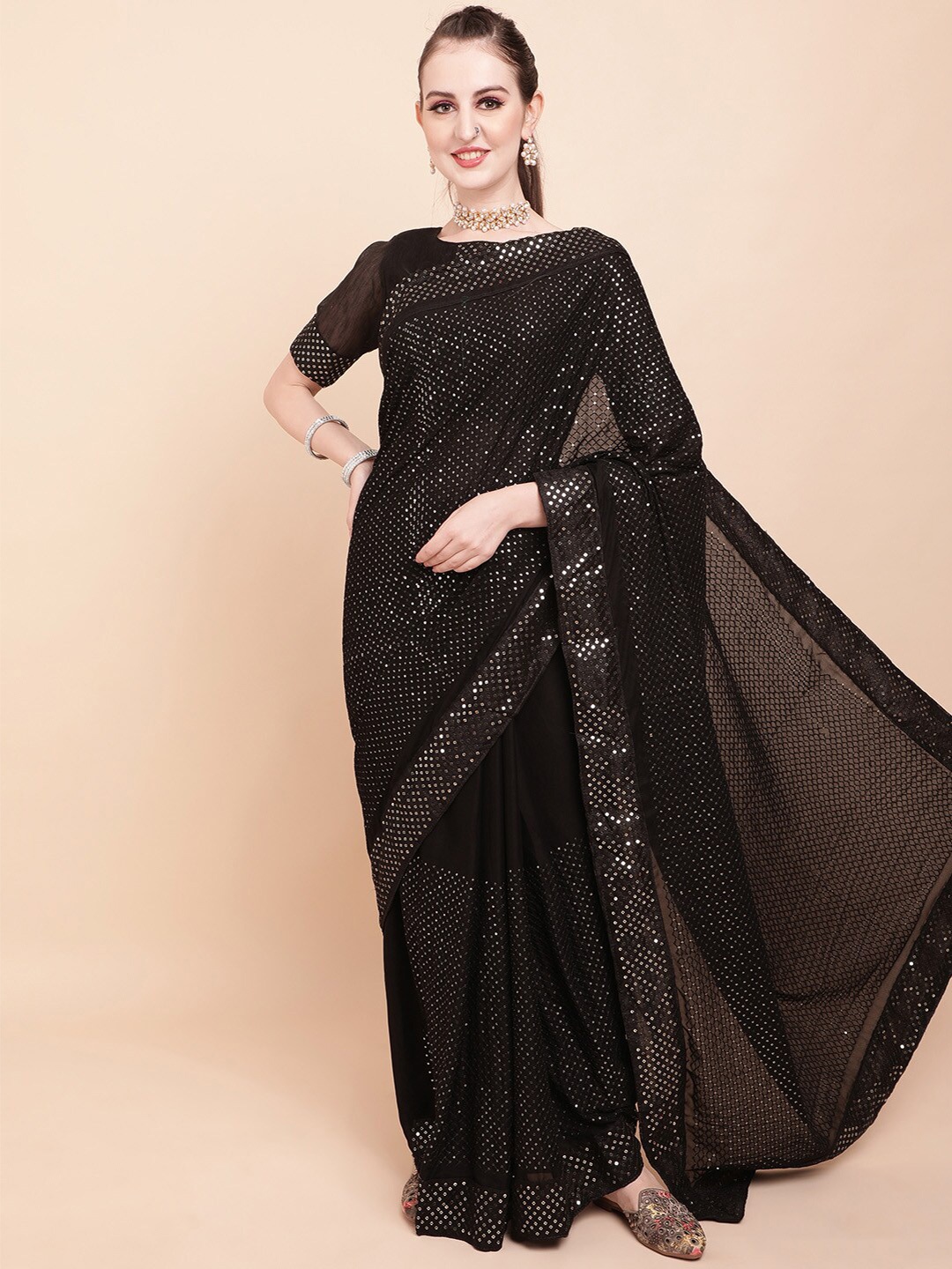 

Sangria Black & Silver-Toned Embellished Sequinned Pure Georgette Saree