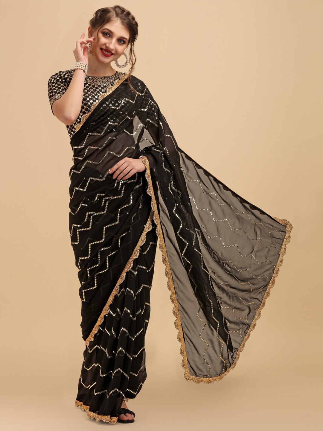 

Sangria Black & Gold-Toned Embellished Sequinned Pure Georgette Saree
