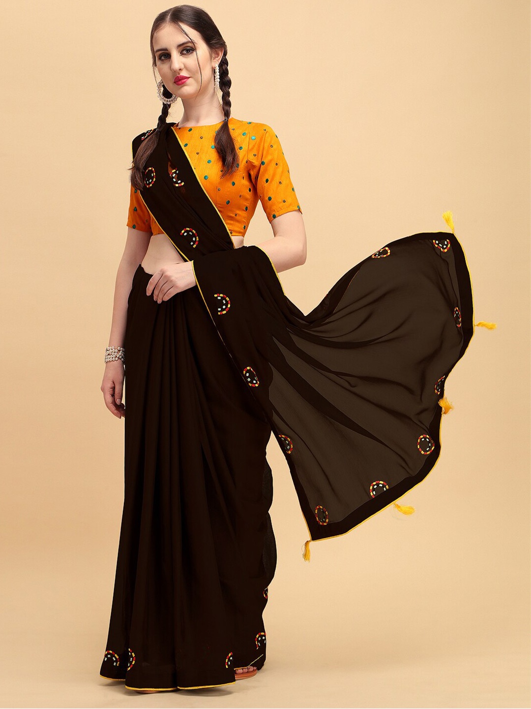 

Sangria Coffee Brown Embroidered Pure Georgette Saree