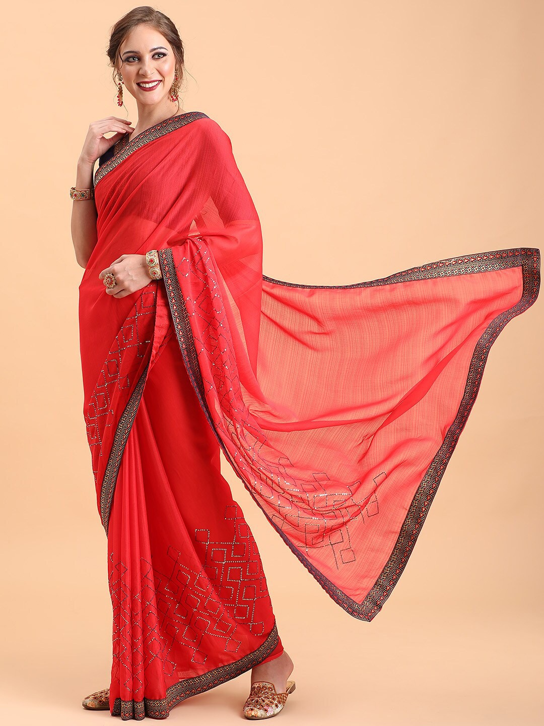 

Sangria Red & Blue Zari Silk Blend Heavy Work Saree