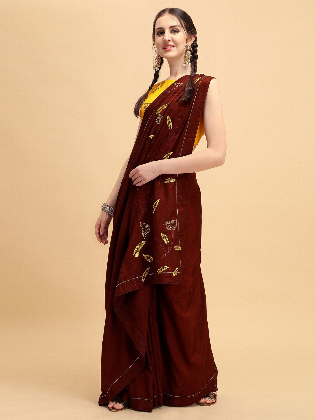 

Sangria Coffee Brown Floral Embroidered Silk Blend Saree