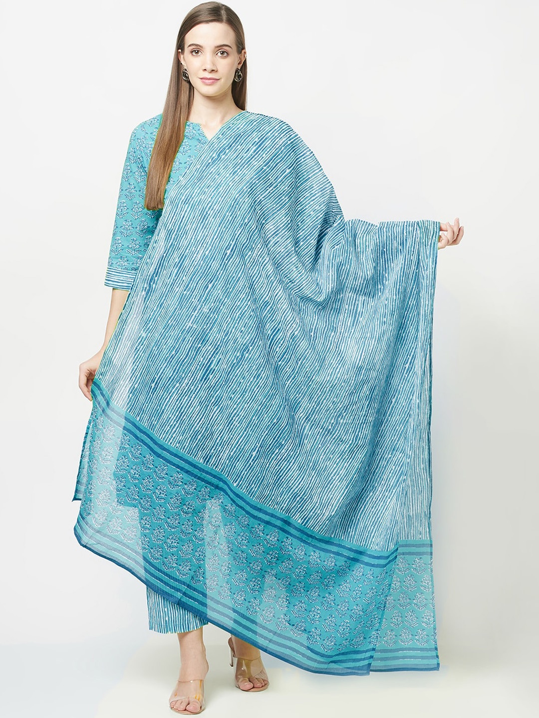 

ERISHA Women Blue Floral Printed Pure Cotton Kurta with Trousers & With Dupatta
