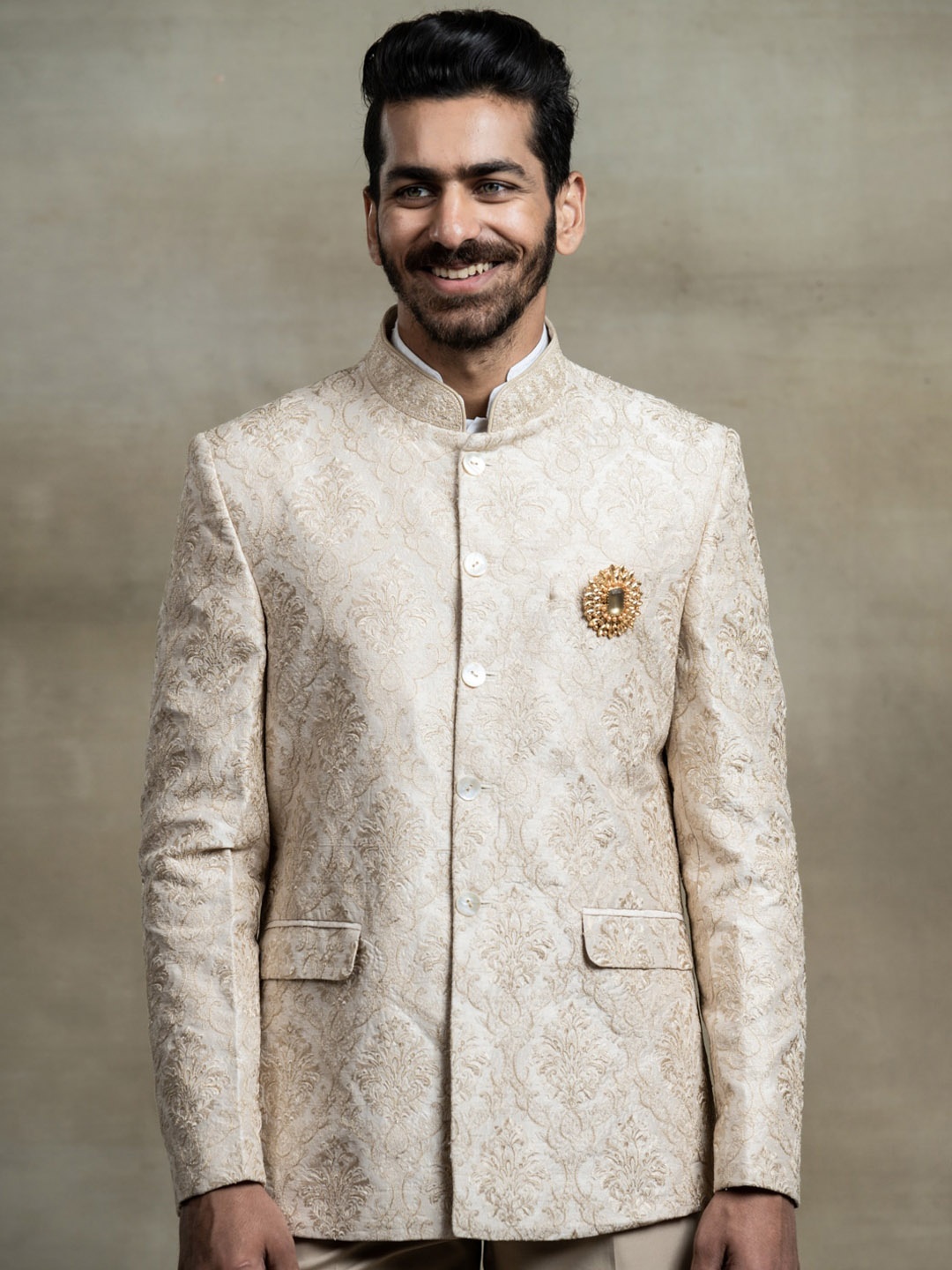 

Tasva Men All Over Embroidered Bandhgala Suit, Beige