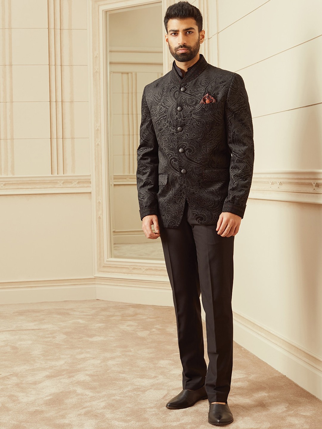

Tasva Men Black Printed Velvet Bandhgala With Embroidered Cuff And Collar