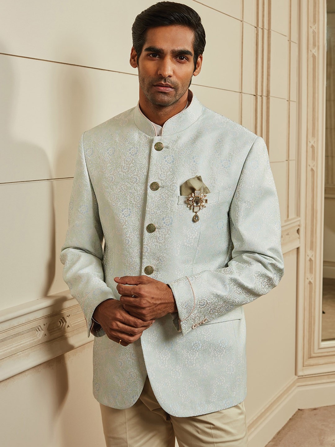 

Tasva Men Mint-Green Floral Jacquard Bandhgala 2-Piece Suit