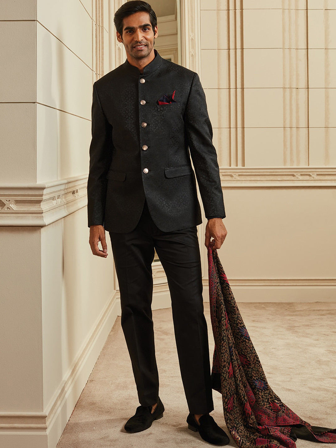 

Tasva Men Black Self Design Bandhgala Set