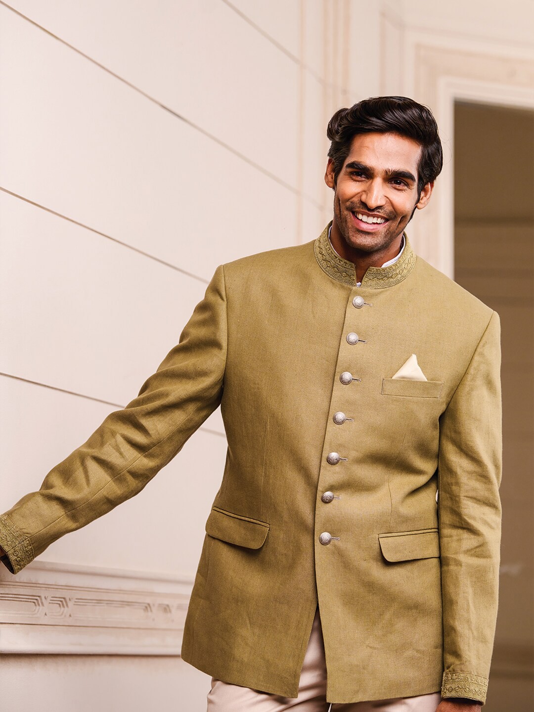 

Tasva Men Linen Front Dori Embroidery Bandhgala Suit, Olive