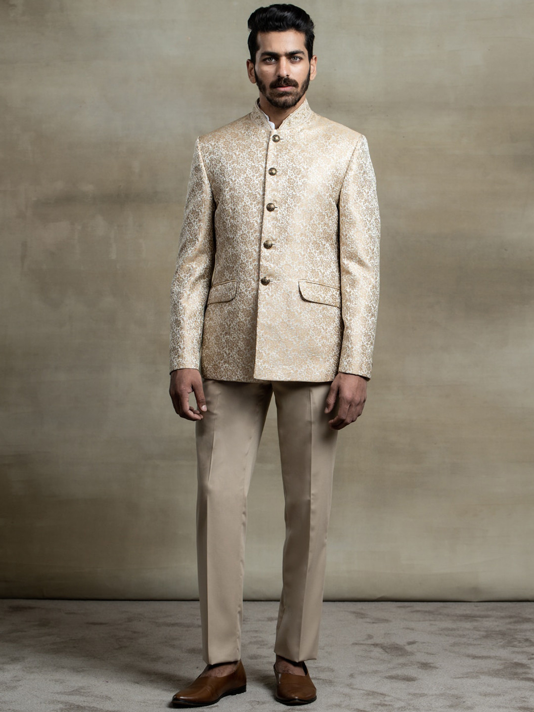 

Tasva Men Off White & Beige Self Design Embroidered Detail Brocade Bandhgala Set