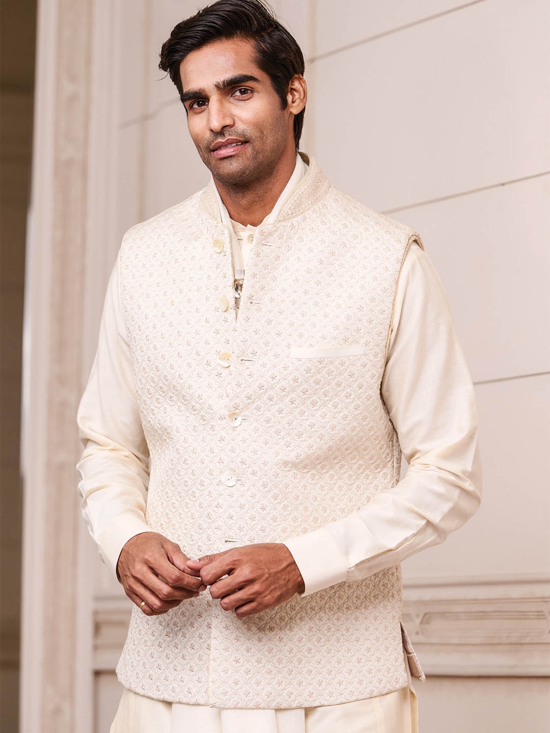 

Tasva Men All Over Quilted Embroidered Collar Woven Design Nehru Jackets, Off white