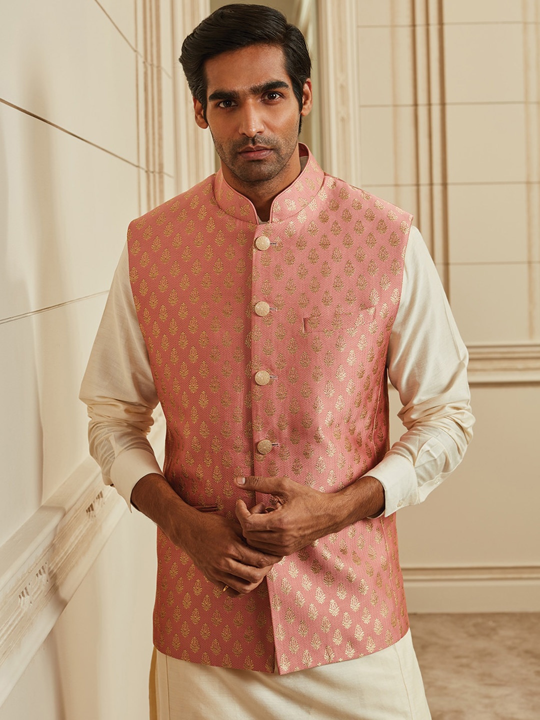 

Tasva Men Woven Design Herringbone Brocade Bundi Jacket, Peach