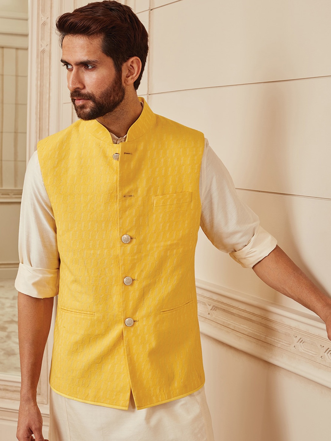 

Tasva Men Yellow Jacquard Woven Design Nehru Jacket with Metallic Buttons
