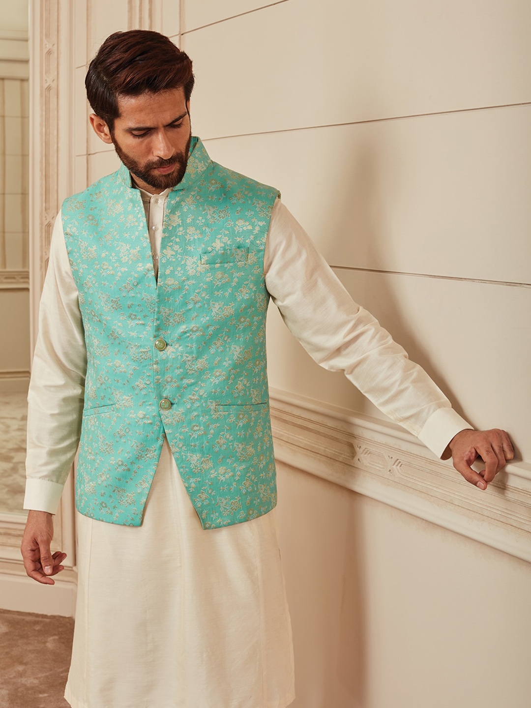 

Tasva Men Blue Floral Woven Design Brocade Nehru Jacket