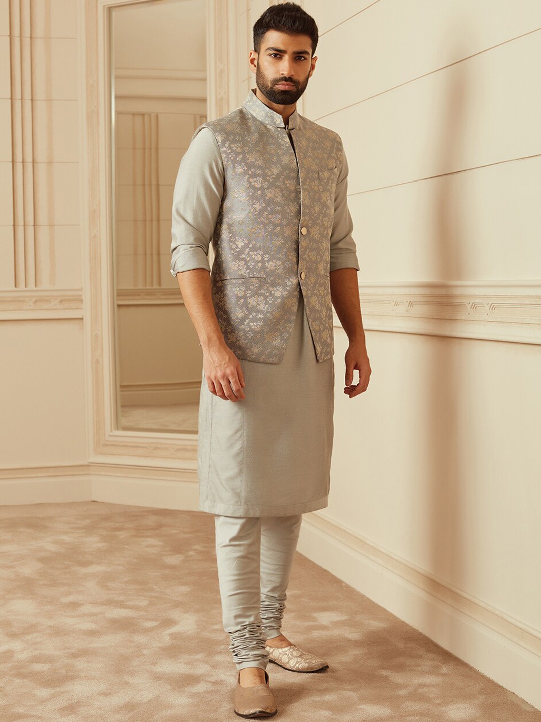 

Tasva Men Grey Woven Design Brocade Nehru Jacket with Metallic Buttons