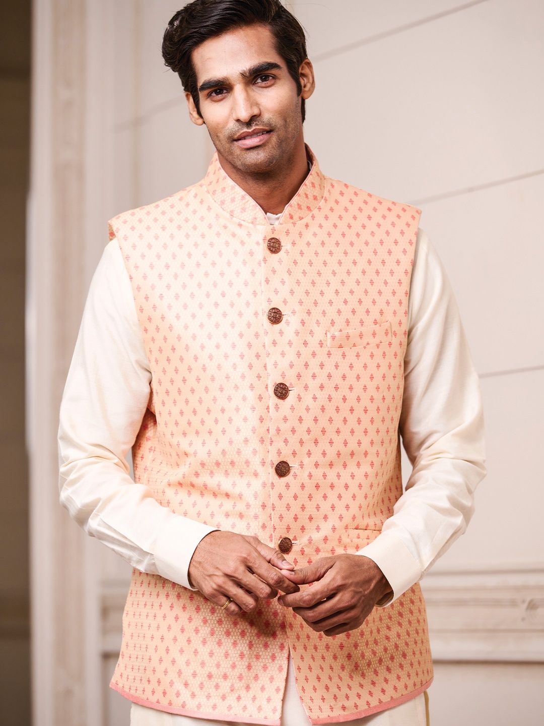 

Tasva Men Orange Woven Design Jacquard Bundi Nehru Jacket