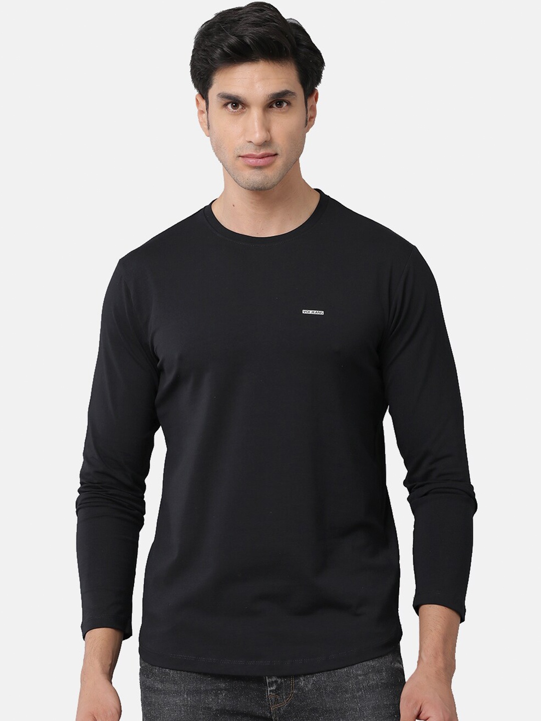 

VOI Jeans Men's Plain Black Cotton Lycra Single Jersey Round Neck T-Shirt