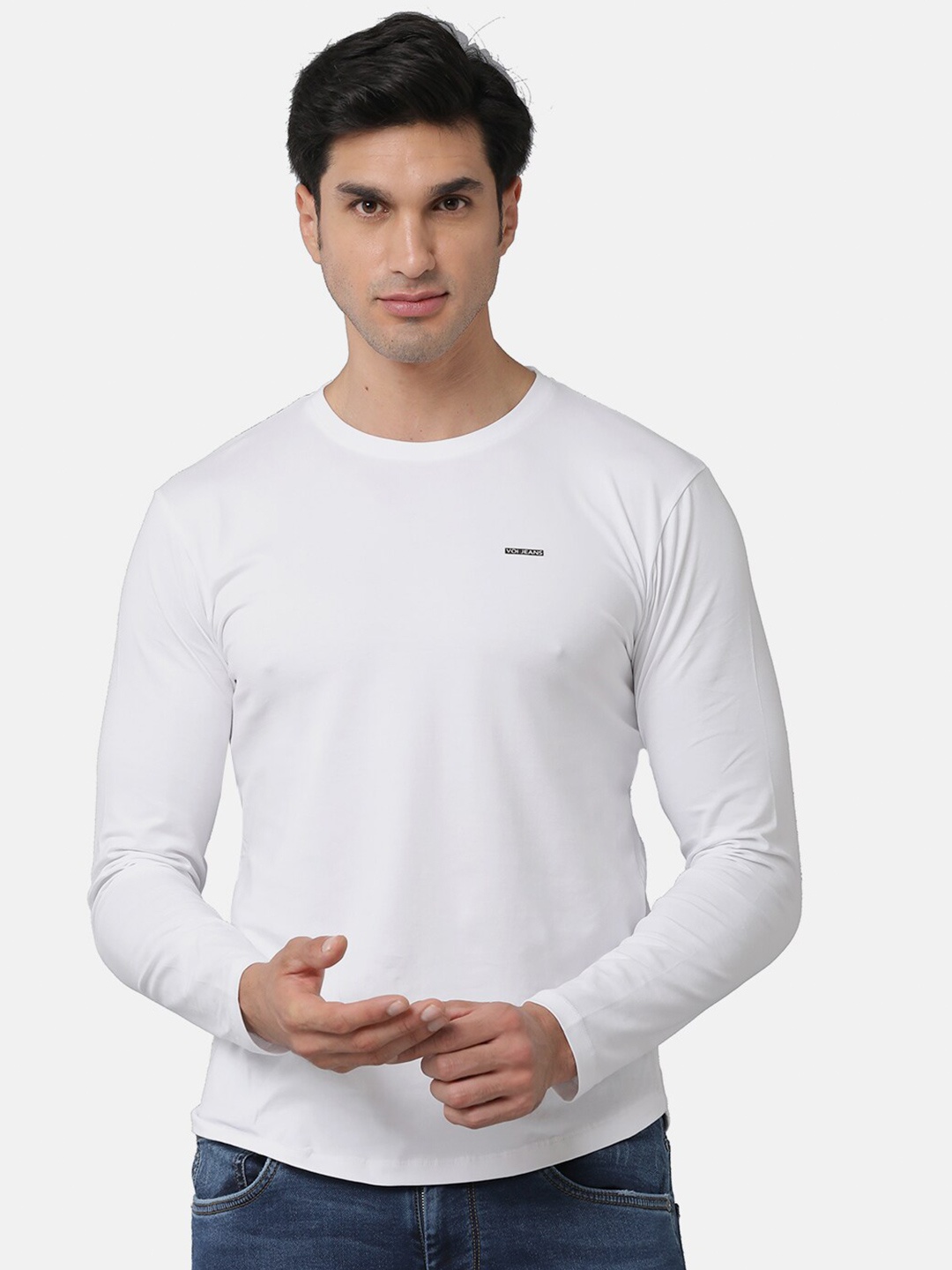 

VOI Jeans Men's Plain White Cotton Lycra Single Jersey Round Neck T-Shirt