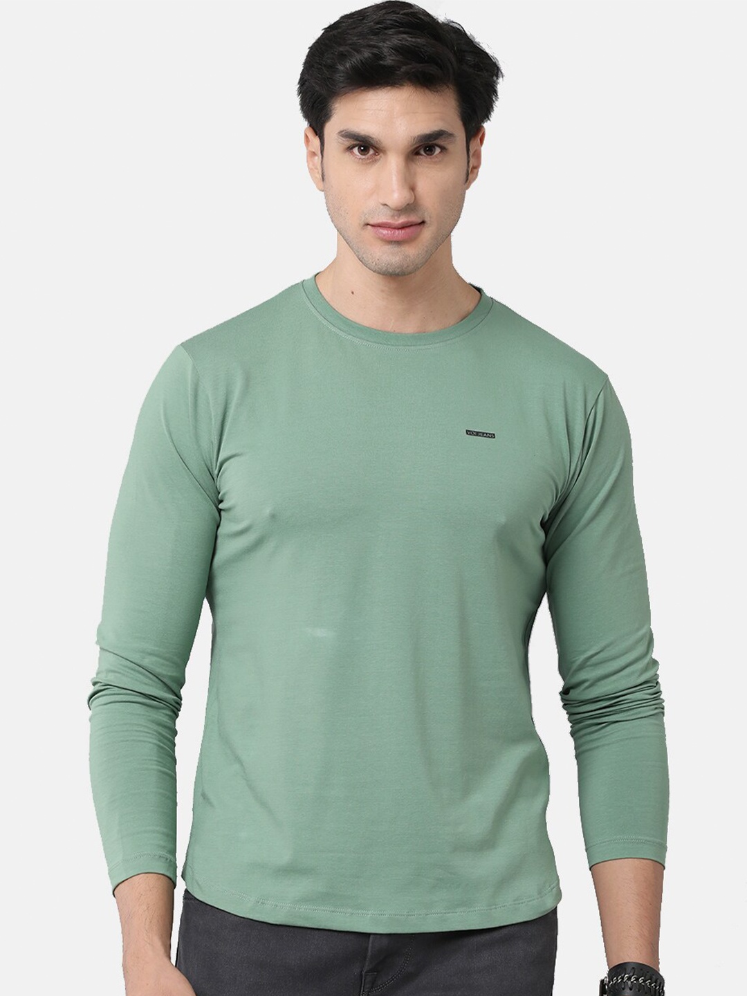 

VOI Jeans Men's Plain Dark Ivory Cotton Lycra Single Jersey Round Neck T-Shirt, Green