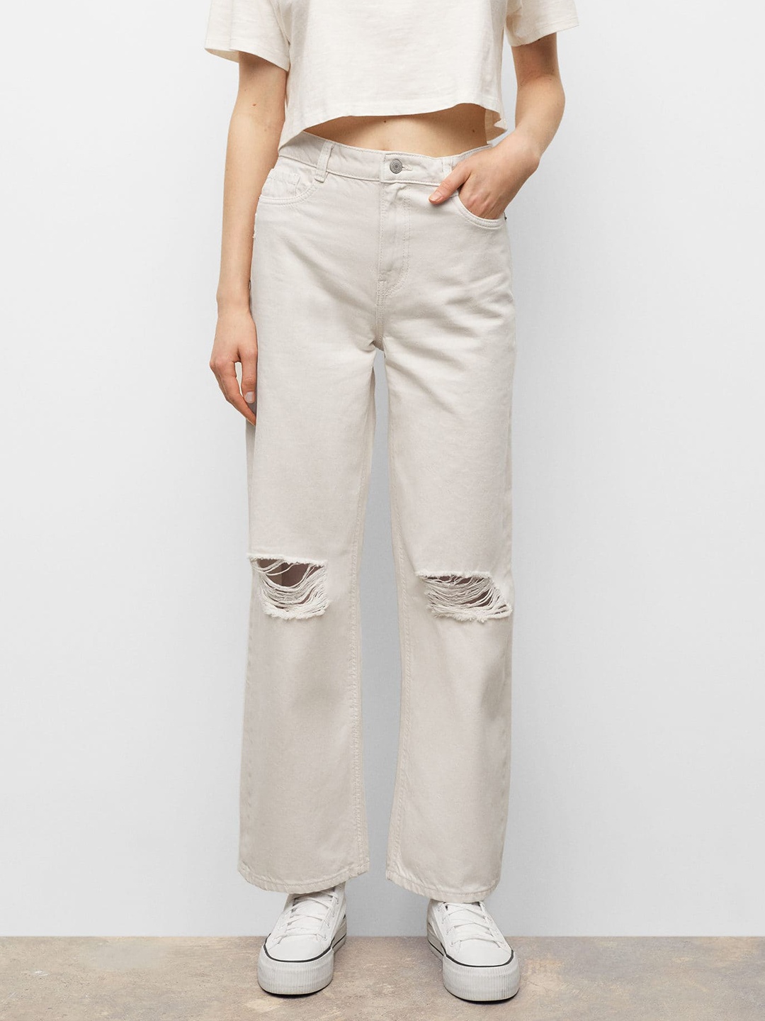 

Mango Kids Girls Cream-Coloured Pure Cotton Mid-Rise Slash Knee Jeans