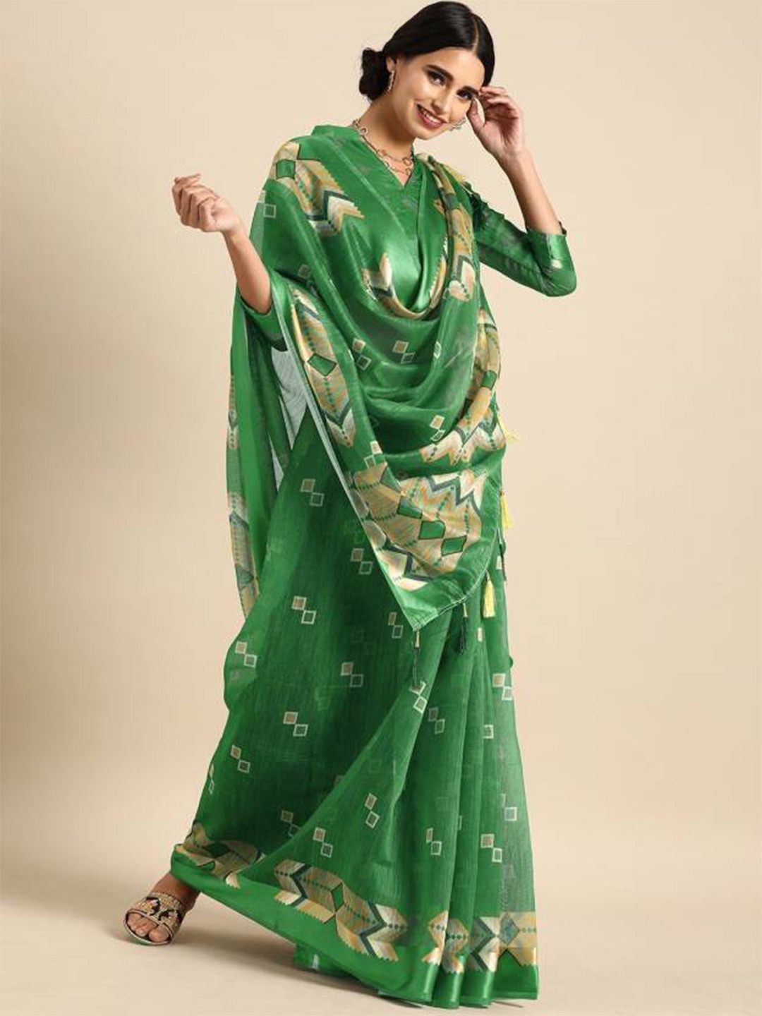 

Sangria Olive Green & Yellow Printed Linen Blend Saree